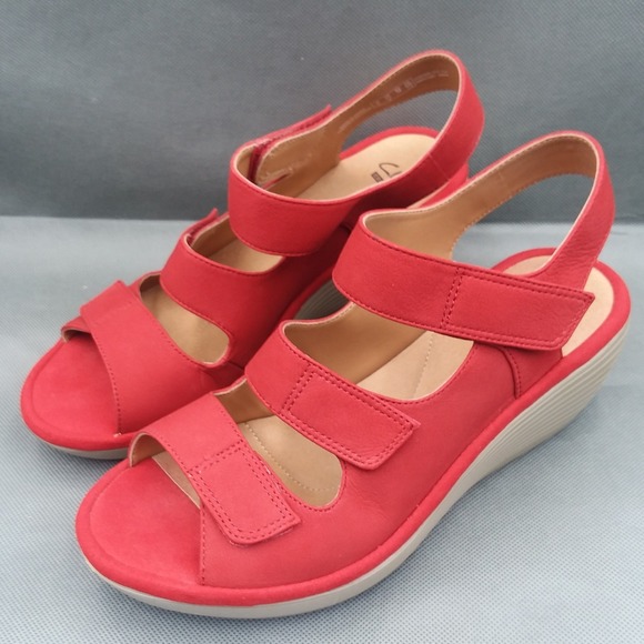 Clarks Reedly Juno Womens 7.5 Shoes Red Nubuck Strappy Platform Wedge Sandals - Picture 6 of 12